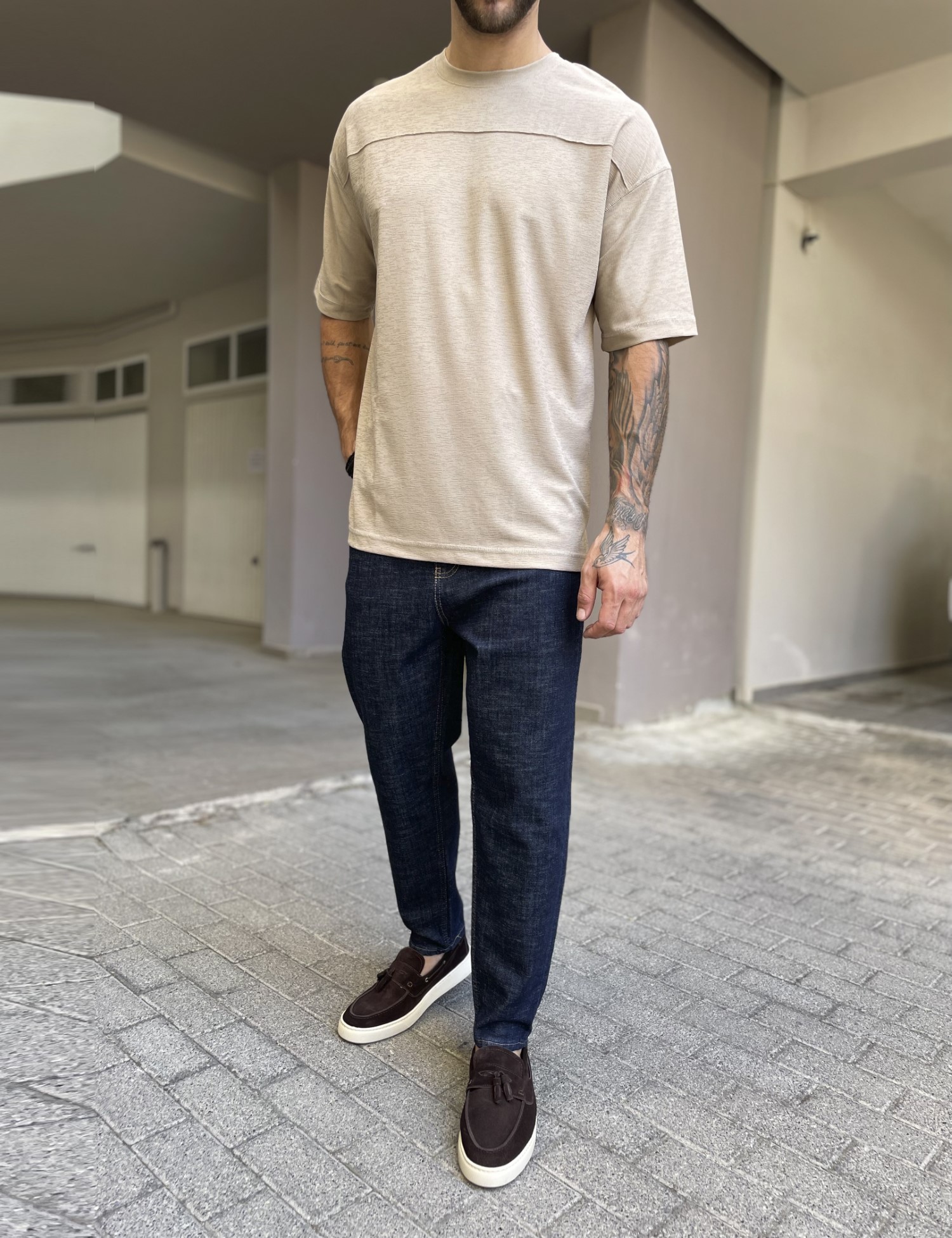 Ανδρικό σκούρο μπλε ελαστικό loose τζιν πεντάτσεπο με φερμουάρ G88104 φωτογραφία